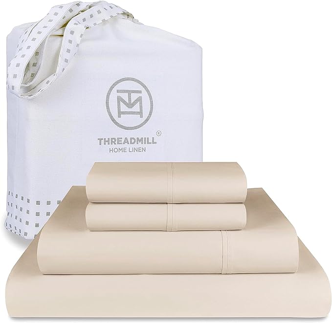 Threadmill Luxury 800 Thread Count Full Size 100% Cotton Sheets - Light Beige Sateen Weave Bed-Sheets, Better Than Egyptian Cotton, 4 Pc Solid Bedding Set, Fits 16" Deep Pocket