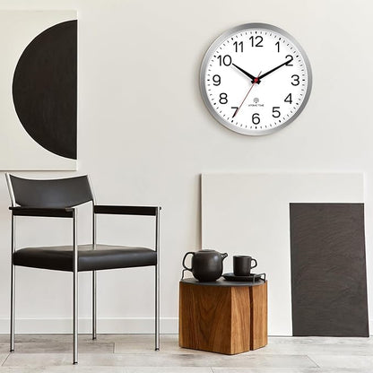 AKCISOT Atomic 12 Inch Wall Clock Analog Clocks for Indoor Kitchen, Battery Operated Clock for Bedroom Office Classroom Living Room(Silver)