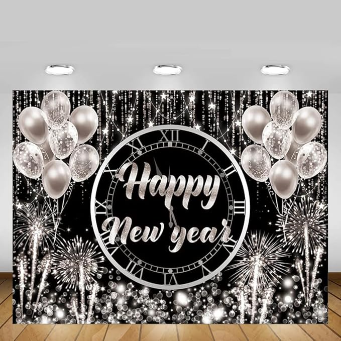 MEHOFOND Happy New Year Backdrop Hello 2026 NYE Cheers Party Decorations Sliver Black Photography Background Kiss Me at Midnight New Year's Eve Festival Party Supplies Photobooth Banner 7x5ft