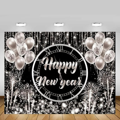 MEHOFOND Happy New Year Backdrop Hello 2026 NYE Cheers Party Decorations Sliver Black Photography Background Kiss Me at Midnight New Year's Eve Festival Party Supplies Photobooth Banner 7x5ft