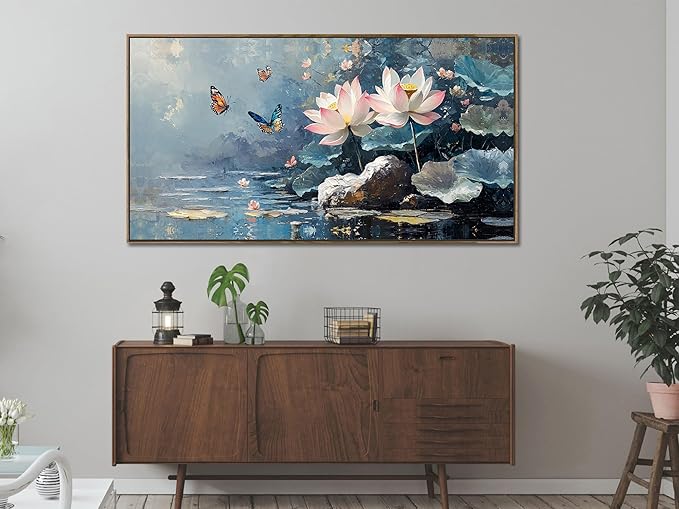 Ardemy Lotus Floral Canvas Wall Art Lrage Framed Pictures Wall Decor Living Room Flower Paintings Artwork for Walls Bedroom Kitchen Dining Room Home Office, 40"x20"