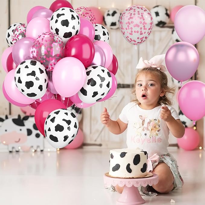 Pink Cow Balloons, 12Inch 50pcs Hot Pink Cow Balloons with Confetti Balloon for Girl Bithday Baby Shower Party Farm Animal Themed Party Decor