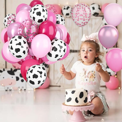 Pink Cow Balloons, 12Inch 50pcs Hot Pink Cow Balloons with Confetti Balloon for Girl Bithday Baby Shower Party Farm Animal Themed Party Decor
