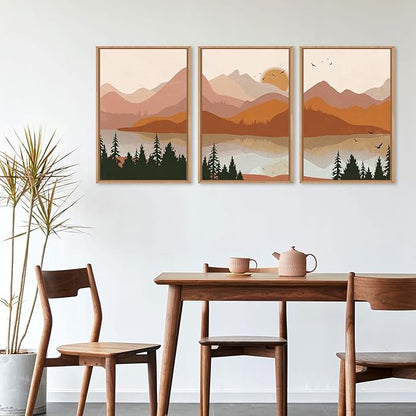 HLNIUC Boho Mountain Burnt Orange Wall Art Framed, Mid Century Modern Terracotta Wall Decor 24x36, Southwest Sunset 3 Piece Canvas Painting, Large Nature Picture for Living Room, Bedroom, Office