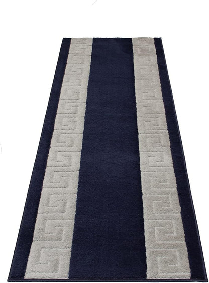 Washable Custom Size Runner Rug Meander Design Navy Blue and Grey, (6 Feet Length x 26 Inch Width) Custom Cut Slip Resistant Rubber Backing Runner Rugs, Extra Long Runner Rugs for Hallways