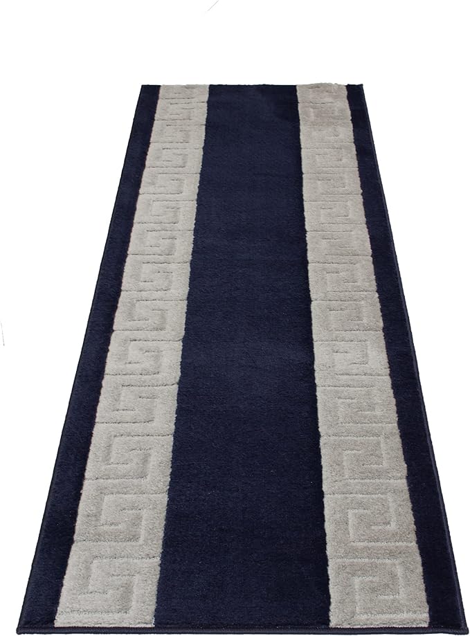 Washable Custom Size Runner Rug Meander Design Navy Blue and Grey, (8 Feet Length x 26 Inch Width) Custom Cut Slip Resistant Rubber Backing Runner Rugs, Extra Long Runner Rugs for Hallways