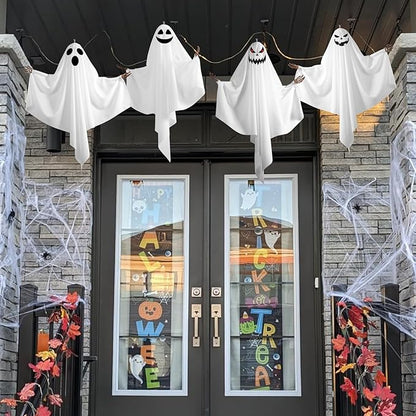 4PCS Hanging Ghosts Halloween Decorations with Skeleton Hands, Spooky Expression for Front Porch and Tree