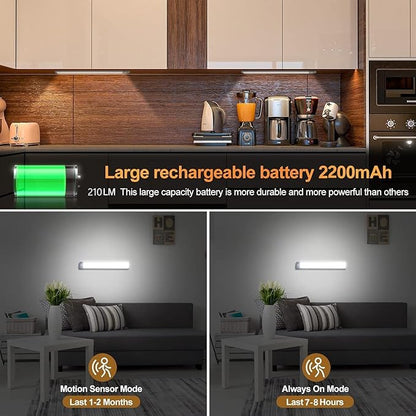 Under Cabinet Lights, Dimmable 60 LED Motion Sensor Light Indoor 2 Pack- Wireless USB Rechargeable, 3 Color Magnetic Closet Light for Kitchen, Wardrobe Storage