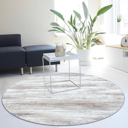 KOZYFLY Modern Abstract Round Rug 5Ft, Washable Kitchen Rug Non-Slip Soft Bathroom Circle Rug, Beige Striped Entryway Rugs Abstract Print Faux Wool Doormat for Bedside Entrance Bedroom Sink