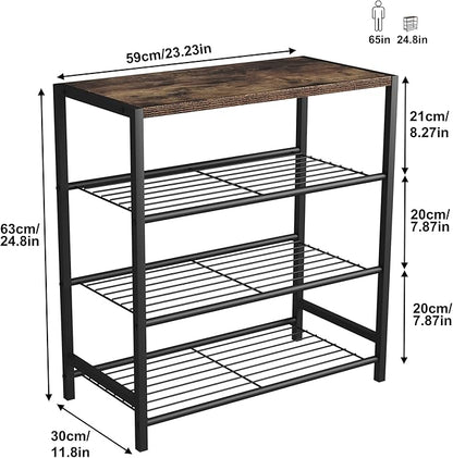 HOMEFORT 4-Tier Shoe Rack Organizer, Shoe Tower for Closet, Shoe Storage Shelf with MDF Top Board, Each Tier Fits 3 Pairs of Shoes, Entryway Shoes Organizer with Sturdy Metal Shelves, Rustic Brown