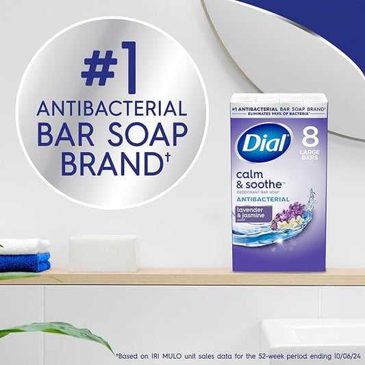 Dial Antibacterial Deodorant Bar Soap, Calm & Soothe Lavender & Twilight Jasmine Scent, 4 Oz, 32 Bars, Dermatologist Tested, With Clean Rinse Technology