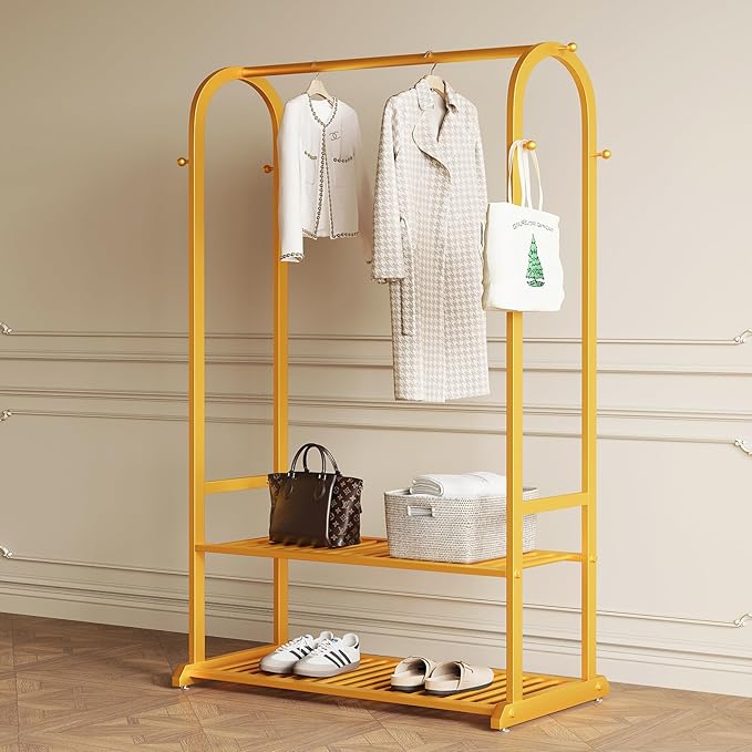 Gold Clothing Rack,Heavy duty clothes rack with 2-tier Bottom Shelves, Garment Rack with 6 Side Hooks for Hanging Clothes, Coats, Shirts (gold, 39.37in)