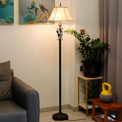 Farmhouse Mid-Century White Fabric Floor Lamp with Metal Leaf Resin Base 70 Inch Height Decor for Office Bedroom Living Room