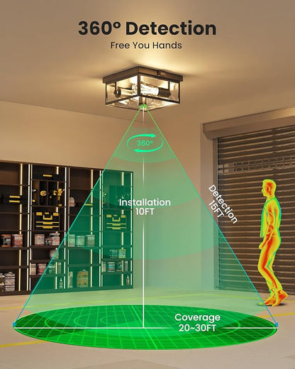 Outdoor Ceiling Light with Motion Sensor, Flush Mount Porch Light, Exterior Light Fixture with Clear Glass, Dusk to Dawn 2-Light Fixture for Patio,Porch (8.5 in)
