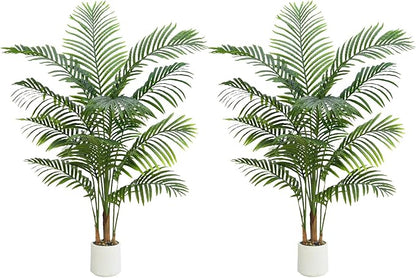 2 Pack Artificial Palm Tree Indoor Plant 5FT Tall Fake Tropical Palm Tree in Pot, Real Bark Design Faux Areca Palm Tree for Home Office Living Room Bedroom Farmhouse Modern Outdoor Topiary Tree