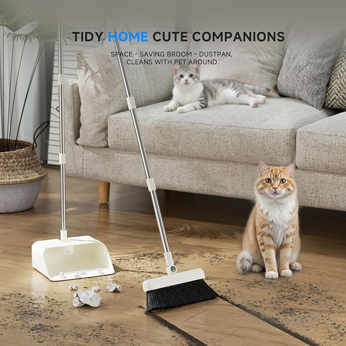 Magnetic Broom and Dustpan Set with Silicone Broom Squeegee, 55'' Broom with Dustpan Combo Set Self-Cleaning Teeth Design Upright Standing Dustpan Blue Microfiber Cloth for Indoor Floor Home Kitchen