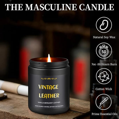 Vintage Leather Candle, 7 oz Scented Candle for Men, Soy Candles for Home Scented, Masculine Jar Candle for Him, 50 Hours Burning Time Mens Candle Gift for Boyfriend, Father, Birthday Present Giving