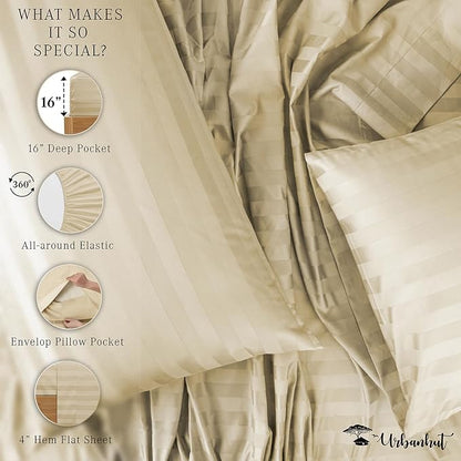 URBANHUT 800 Thread Count Egyptian Cotton Damask Striped Full Size Sheets Set (4 Pc) - Ultra Soft & Smooth, Sateen Weave Full Size Bed Sheets, Luxury Hotel Sheets with 16" Deep Pocket - Sand