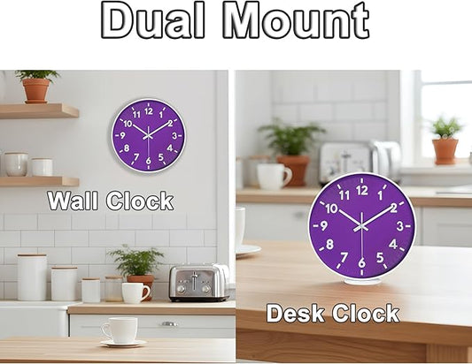 JENLYSTIME 12 Inch Modern Indoor Outdoor Clock,Round Bright Colorful Dial,Non Ticking Silent Quartz Battery Operated Wall Clocks,Easy to Read Simple Style Decor Clock for Bedroom,Kitchen(Purple)