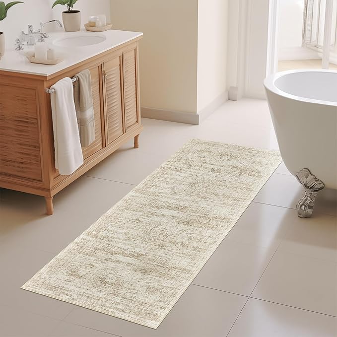 Washable Runner Rugs for Bedroom - 2x6 Runner Rug Non Slip, Ultra-Thin Entryway Runner, Soft Abstract Kitchen Runner for Hallway, Laundry, Bathroom, Indoor Door Mat(2'x6', Beige/Ivory)
