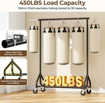 Heavy-Duty 450LBS Capacity Metal Clothes Rack，Rolling Clothing Rack with Wheels & Shelves, Portable Standing Wardrobe Rack for Hanging Clothes, Black