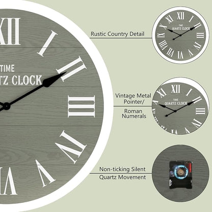 ARTPOWER Large Farmhouse Wall Clock, 35.5” Shiplap Wall Clock with Roman Numeral, Nearly Non-Ticking, Round Wall Clocks for Living Room Decor, Office, Bedroom, Entrance, Sage Green