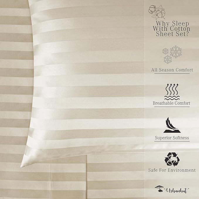 URBANHUT 800 Thread Count Egyptian Cotton Damask Striped California King Size Sheets Set (4 Pc) - Ultra Soft, Sateen Weave Cal King Size Bed Sheets, Luxury Hotel Sheets with 16" Deep Pocket - Ivory