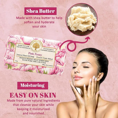 Wavertree & London Pink Peony Scented Natural Soap (8 Bars), 7oz Moisturizing French Triple Milled Soap Bars enriched with shea butter - Pure Plant Oil Bath & Body Bars for All Skin Types