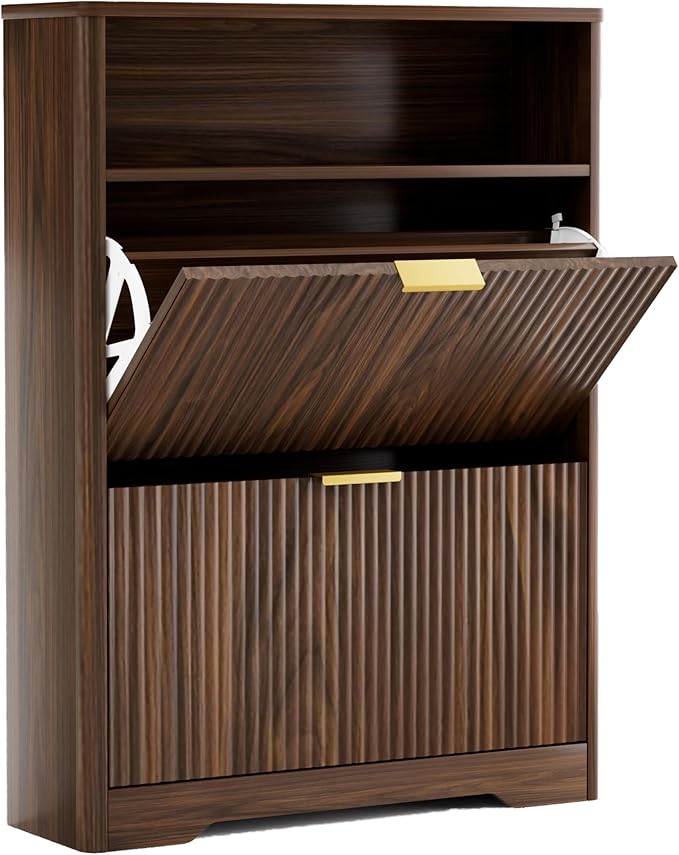 Rainbow Home Oregon Shoe Storage Cabinet, 31.6" W Narrow Fluted Design with 2 Flip Drawers, Walnut Freestanding Organizer for Entryway, Foyer, Hallway | Mid Century Modern (2 Flip Drawers)