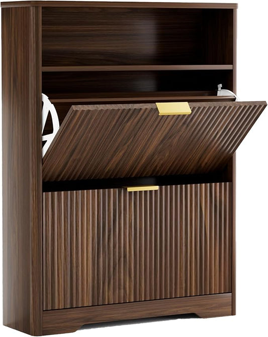 Rainbow Home Oregon Shoe Storage Cabinet, 31.6" W Narrow Fluted Design with 2 Flip Drawers, Walnut Freestanding Organizer for Entryway, Foyer, Hallway | Mid Century Modern (2 Flip Drawers)