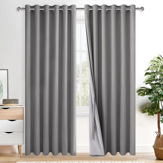 XWZO 100% Blackout Curtains with Tiebacks- Privacy Protection & Noise Blocking Window Draperies Extra Wide Grommet Top with Black Liner for Bedroom/Living Room, Grey, W70 x L84, Set of 2