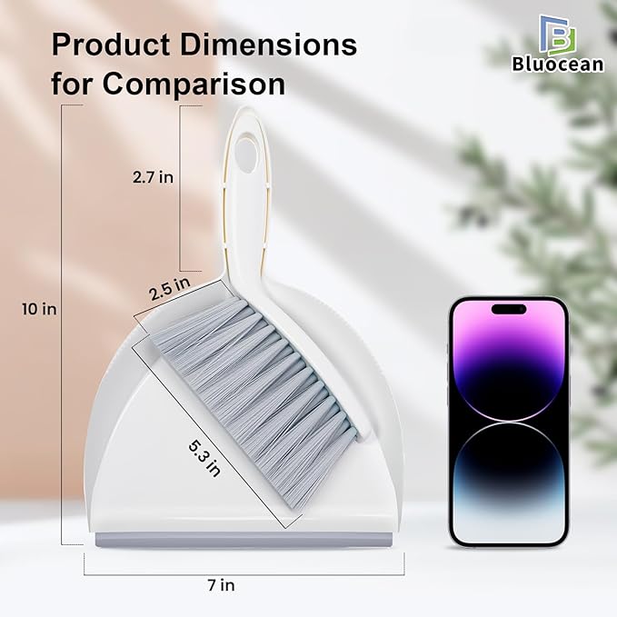 Mini Broom and Dustpan, Plus an Adhesive Hook Set, 7" Dustpan Opening, Bristles for Hair and Small Debris, Mini Portable Hand Brush for Pet, Sofa, Desk, Kitchen(White & Puff Gray)