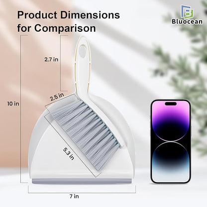 Mini Broom and Dustpan, Plus an Adhesive Hook Set, 7" Dustpan Opening, Bristles for Hair and Small Debris, Mini Portable Hand Brush for Pet, Sofa, Desk, Kitchen(White & Puff Gray)