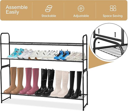 KEETDY 2-Tier Long Shoe Organizer for Closet Metal Shoe Rack for Entryway, Wide Stackable Shoe Shelf Storage with Sturdy Wire Grid for Closet Floor, Bedroom, Black