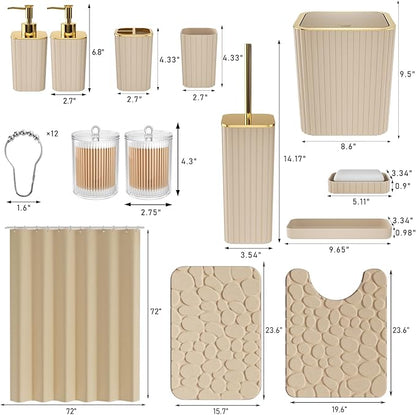 Bathroom Accessories Set - 25PC Bathroom Sets with Shower Curtain and Rugs, Beige Bathroom Accessories with Trash Can, Soap Dispenser, Soap Dish & Toilet Brush
