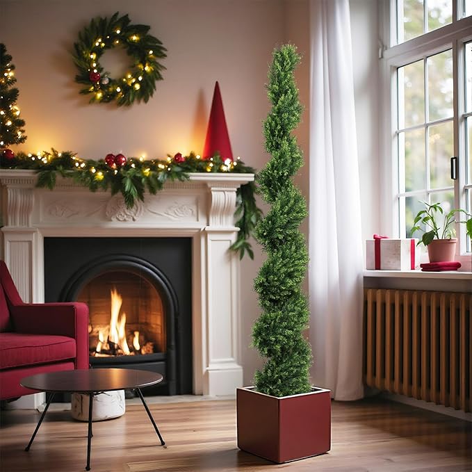 THE BLOOM TIMES 6ft Spiral Artificial Topiary Trees Set of 2, 71 inch Faux Cedar Trees for Outdoor Planters - Fake Twist Cypress Plants for Garden Front Porch Indoor Outside Christmas Decor 6 Foot