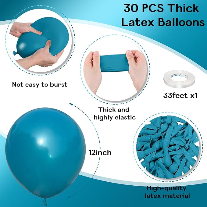 Peacock Blue Balloons, 12 Inch 30 Pcs Turquoise Blue Balloon Teal Blue Latex Balloons Matte Dark Teal Aqua Blue Helium Balloons for Birthday Baby Shower Wedding Whale Theme Party Decorations