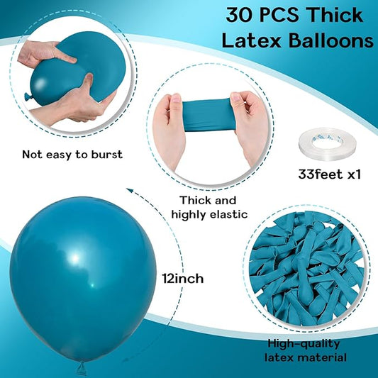 Peacock Blue Balloons, 12 Inch 30 Pcs Turquoise Blue Balloon Teal Blue Latex Balloons Matte Dark Teal Aqua Blue Helium Balloons for Birthday Baby Shower Wedding Whale Theme Party Decorations