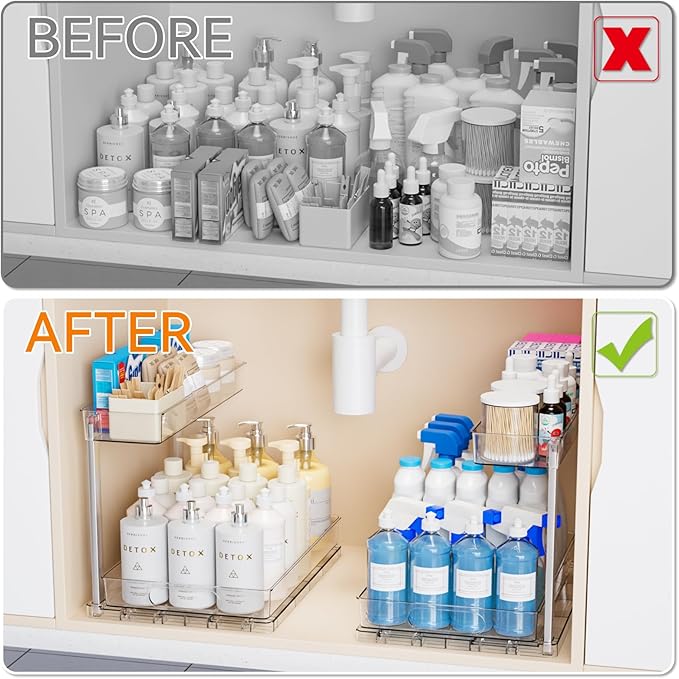 Yieach 2-Tier Under Sink Organizers and Storage,2 Pack Bathroom Cabinet Organization,Pull Out Shelves Drawers for Undersink Cleaning Supplies Organizer,Inder Sink Cabinet Storage for Kitchen,Clear