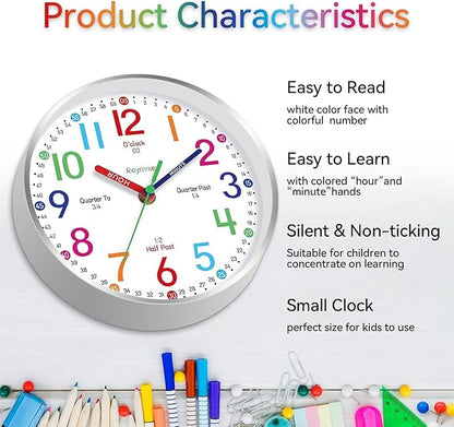 Wall Clock for Kids Learning to Tell Time Easily Non Ticking Battery Operated Kids Teaching Clock Silent Colorful Teaching Time Clock Decorative for Kids Room Classroom School (8 Inch)