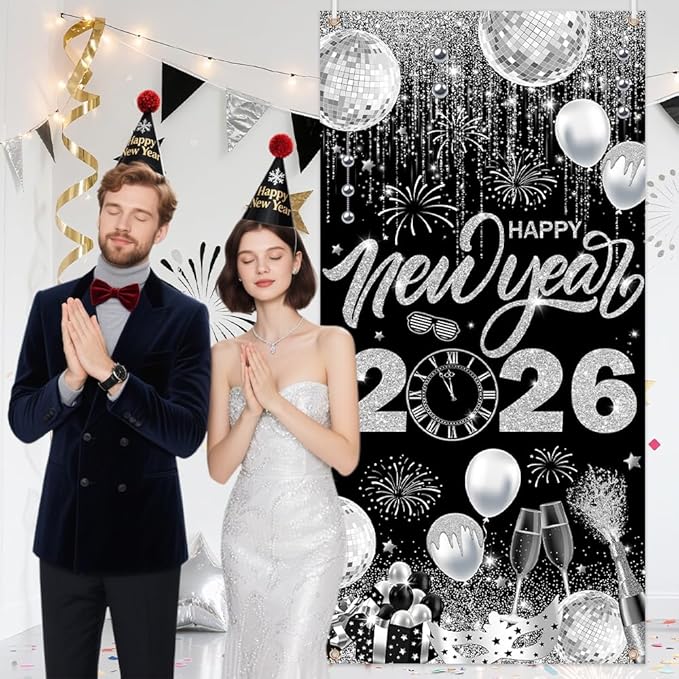 2026 Happy New Year Door Cover Banner Black and Sliver Photography Background New Years Eve Party Decoration Backdrop Holiday Party Hanging Poster Background Banner 35.4x70.8inch