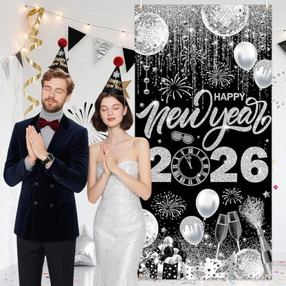 2026 Happy New Year Door Cover Banner Black and Sliver Photography Background New Years Eve Party Decoration Backdrop Holiday Party Hanging Poster Background Banner 35.4x70.8inch