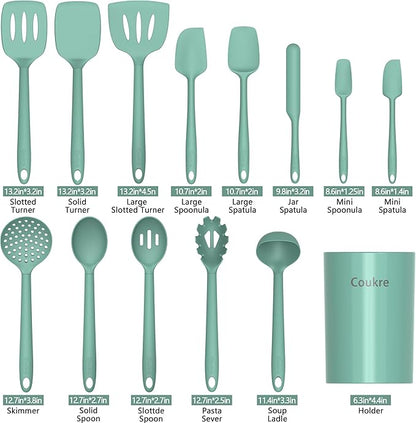 Coukre Silicone Kitchen Cooking Utensils Set with Holder – Heat-Resistant, Food-Grade Kitchen Tools, Spatula, Spoon & Gadgets for Non-Stick Pans, Dishwasher Safe (14, PureAquaGreen)