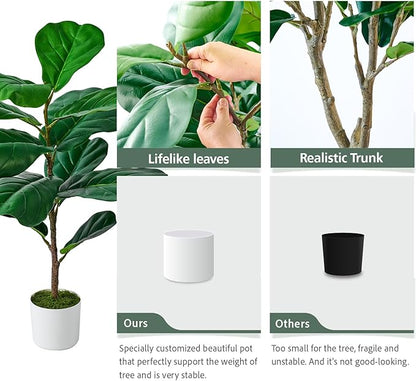 Artificial Mini Fiddle Leaf Fig Tree 31.5 Inch, Fake Plants Indoor Artificial Tree, Faux Fig Trees in White Pot for Housewarming Office Desk Home Green Decor