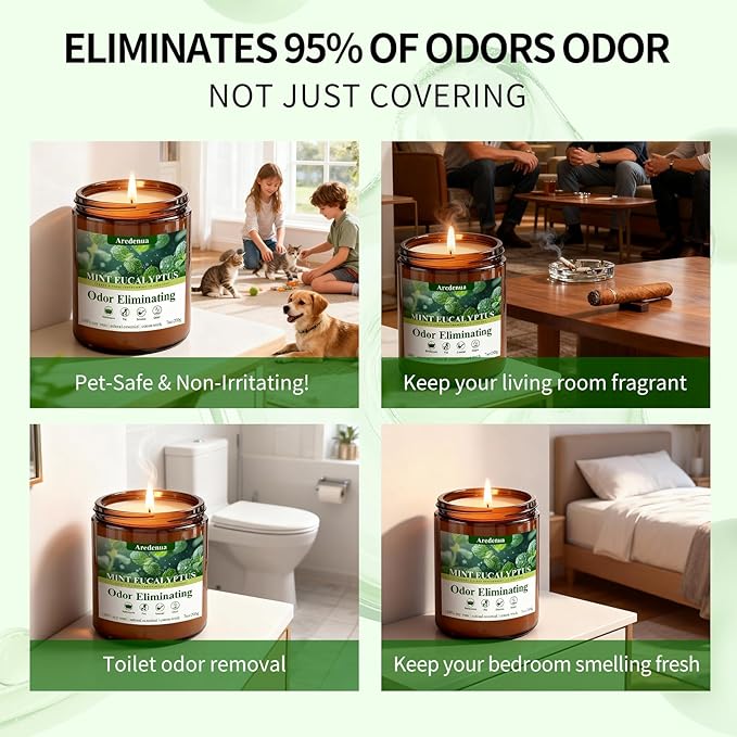Mint Eucalyptus Odor Eliminating Candles | Eliminates 95% of Pet, Smoke & Bathroom Odors – 7 oz Hand Poured Non-Toxic Soy Candle - Air Freshing Scented Candles - Stress Relief Gifts for Women Men