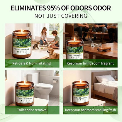 Mint Eucalyptus Odor Eliminating Candles | Eliminates 95% of Pet, Smoke & Bathroom Odors – 7 oz Hand Poured Non-Toxic Soy Candle - Air Freshing Scented Candles - Stress Relief Gifts for Women Men