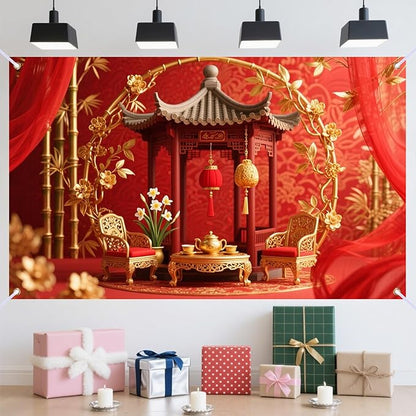 Nuxovilar Happy New Year Banner, Chinese Palace Red Gold Backdrop for Holiday Party Decorations, 71x43 Inch