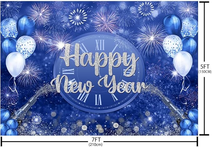 MEHOFOND Happy New Year Backdrop Blue 2026 New Year Eve Party Decorations Banner Supplies Shining Champagne Balloons Firework Photography Background New Years Eve Photo Studio Props 7x5ft