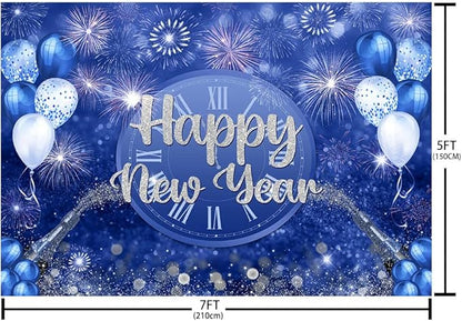 MEHOFOND Happy New Year Backdrop Blue 2026 New Year Eve Party Decorations Banner Supplies Shining Champagne Balloons Firework Photography Background New Years Eve Photo Studio Props 7x5ft