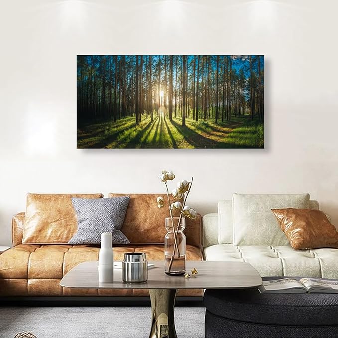 Sunrise Forest Pictures Canvas Wall Art for Living room Office Bedroom Wall Decor,Forest Wall Art Print Paintings Modern Green Nature Landscape Artwork Waterproof Ready to Hang-20x40inch